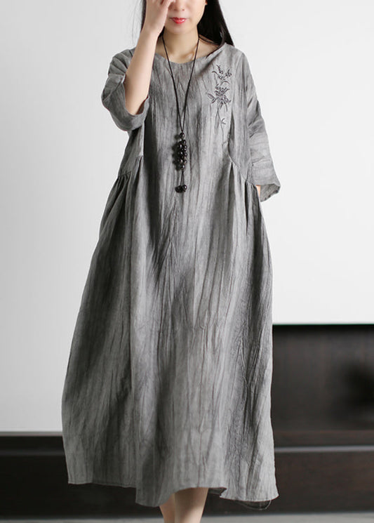 Grey O-neck Wrinkled Embroideried Linen Dress Half Sleeve