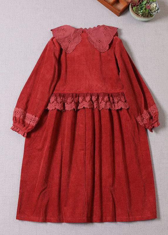 Mulberry Lace Patchwork Corduroy Dress Long Sleeve
