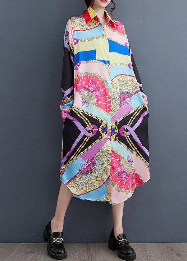 Peter Pan Collar Print Button Long Shirts Dress Spring
