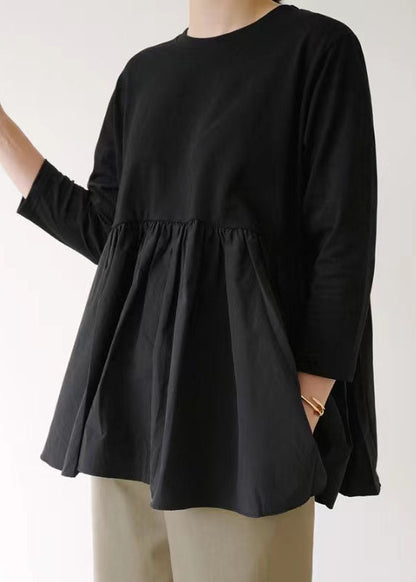 Modern Black O-neck Ruffled Patchwork Cotton T Shirt Top Spring