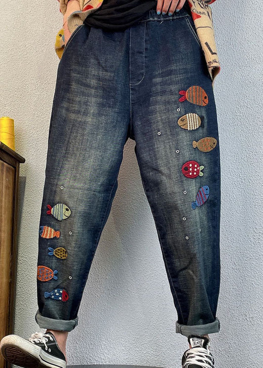 Loose Blue Embroideried Denim Spring Harem Pants