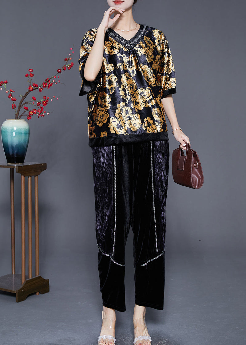 Diy Golden Oversized Zircon Silk Velour Two Pieces Set Summer