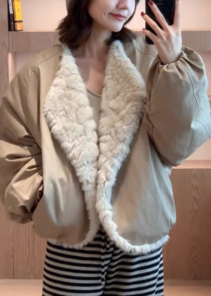 Loose Green Pockets Wear on Both Sides Fluffy Coats