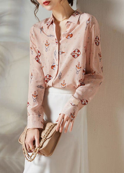 Pink Peter Pan Collar Print Silk Blouses Spring