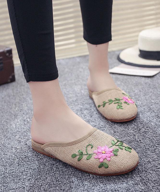 Khaki Embroideried Linen Fabric Slippers Shoes