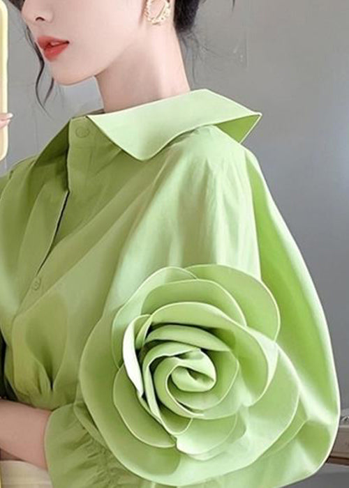 Green Peter Pan Collar Button Cotton Blouses Half Sleeve Fall