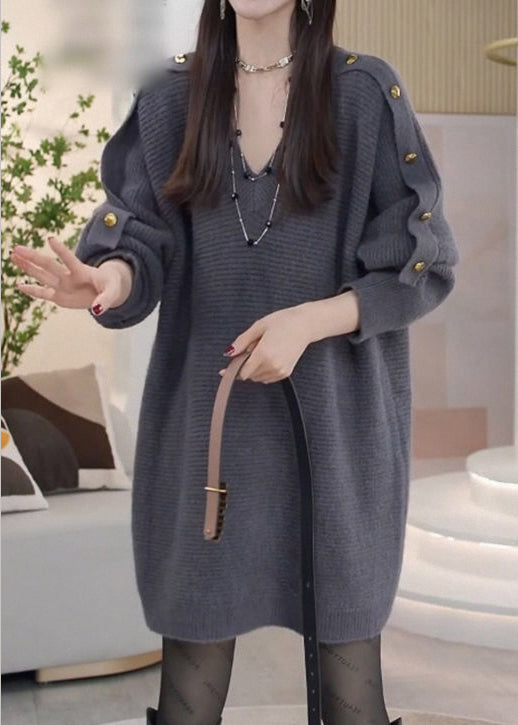 Modern Grey V Neck Metal Buttons Knit Sweater Dress Spring
