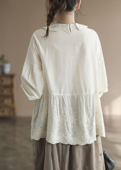 Apricot Peter Pan Collar Embroideried Cotton Shirt Tops Spring