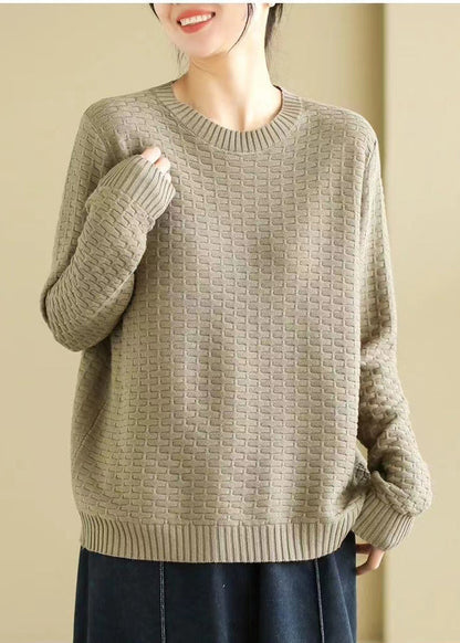 French Green Oversized Plaid Knitted Tops Spring