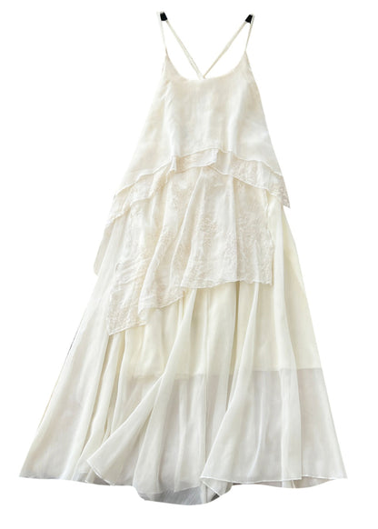 White Patchwork Lace Spaghetti Strap Dress Summer