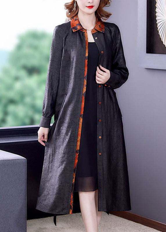Black Patchwork Tie Waist Silk Fake Two Piece Trench Coat Long Sleeve