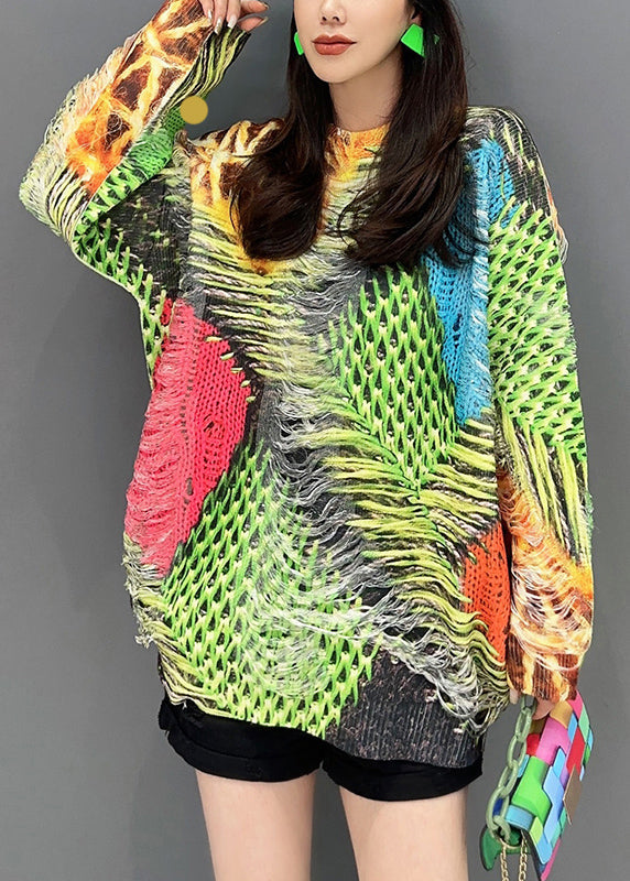 Unique Green O-neck Hollow Out Patchwork Knit Top Fall