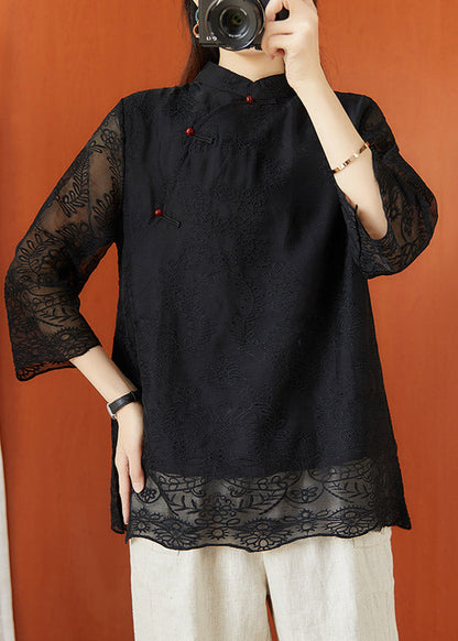 Black Stand Collar Embroideried Hollow Out Tops Half Sleeve