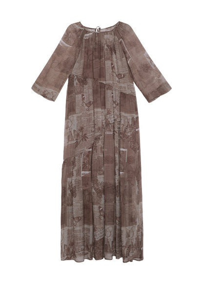 Style Brown O Neck Print Patchwork Silk Long Dress Summer