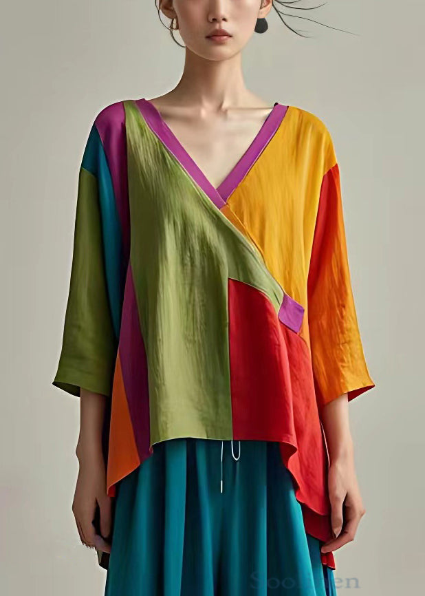 Yellow Asymmetrical Patchwork Linen Tops Bracelet Sleeve