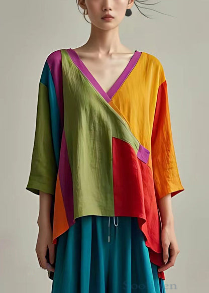 Yellow Asymmetrical Patchwork Linen Tops Bracelet Sleeve