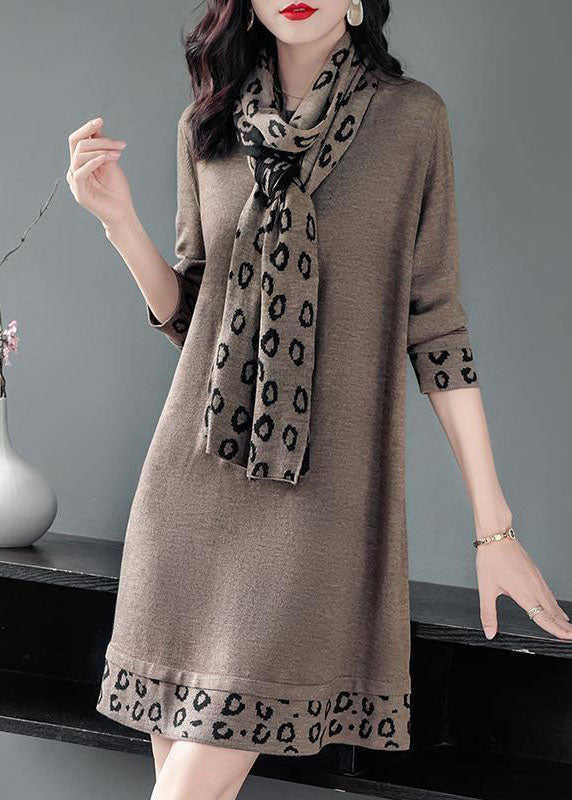 Camel Print Patchwork Knitted Dress O-neck Scarf Long Sleeve Fall