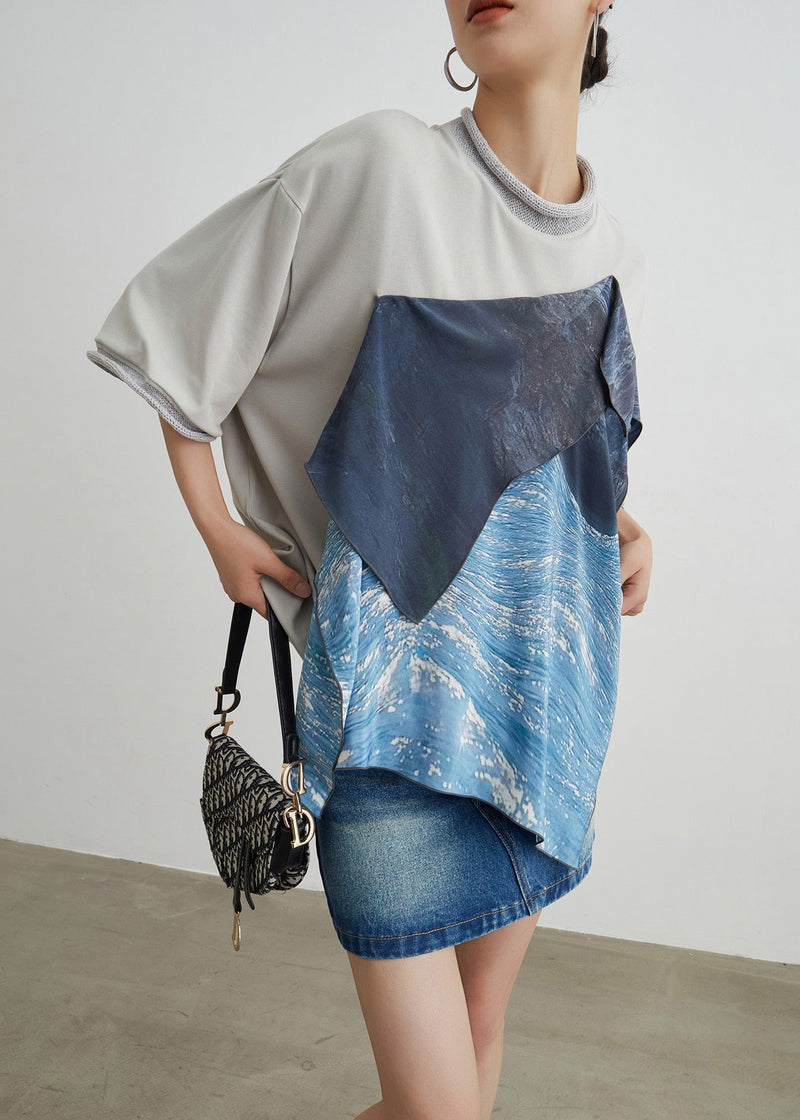 Unique Grey Asymmetrical Patchwork Cotton T Shirts Summer