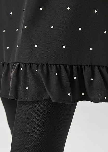 Black Dot Print Ruffles Cotton Mini Dresses Fall
