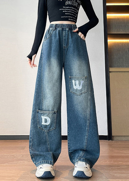 Blue Letter Pockets Elastic Waist Denim Pants Fall