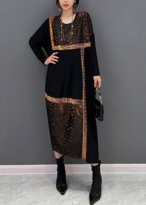 Black O-neck Print Patchwork Cotton Maxi Dresses Fall