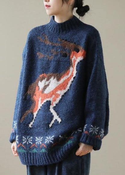 Burgundy Deer Design Knit Top Silhouette High Neck Knitwear
