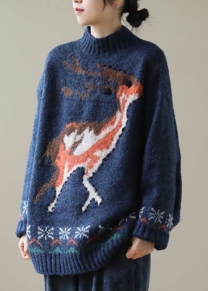 Burgundy Deer Design Knit Top Silhouette High Neck Knitwear