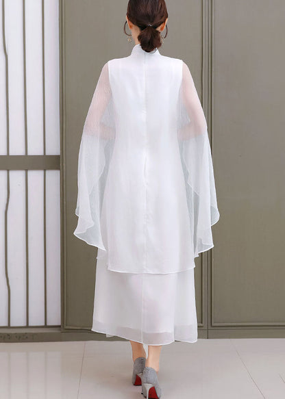 White Mandarin Collar Shawl Chiffon Cheongsam Dress Sleeveless