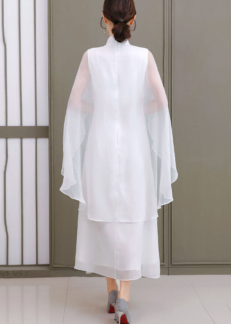 White Mandarin Collar Shawl Chiffon Cheongsam Dress Sleeveless