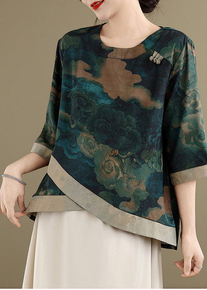 Green Asymmetrical Print Silk Blouses Half Sleeve Fall