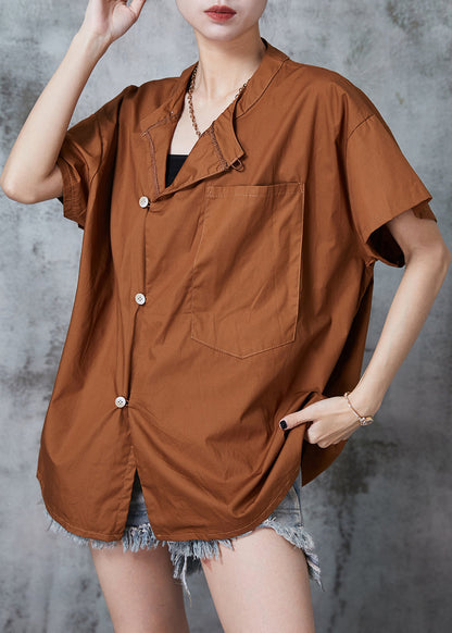 Unique Caramel Asymmetrical Oversized Cotton Shirt Tops Summer
