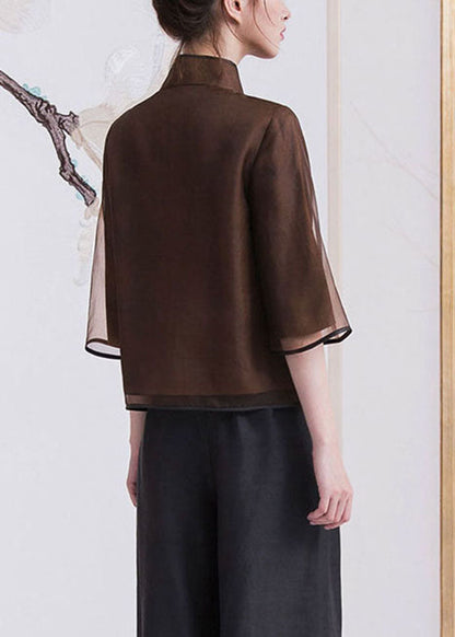Chinese Style Brown Button Stand Collar Silk Coats Half Sleeve