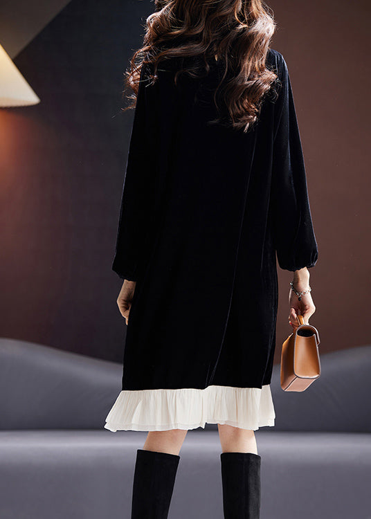 French Black O Neck Zircon Patchwork Velour Dresses Long Sleeve