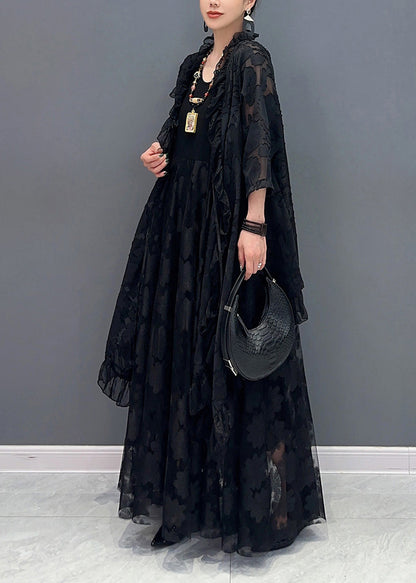 Black Ruffled Lace Up Patchwork Lace Two Piece Set Summer