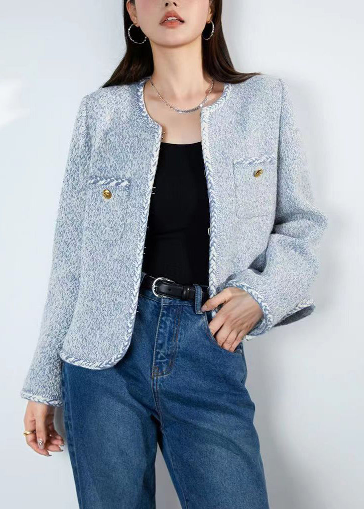 Blue O Neck Button Patchwork Cotton Coats Fall