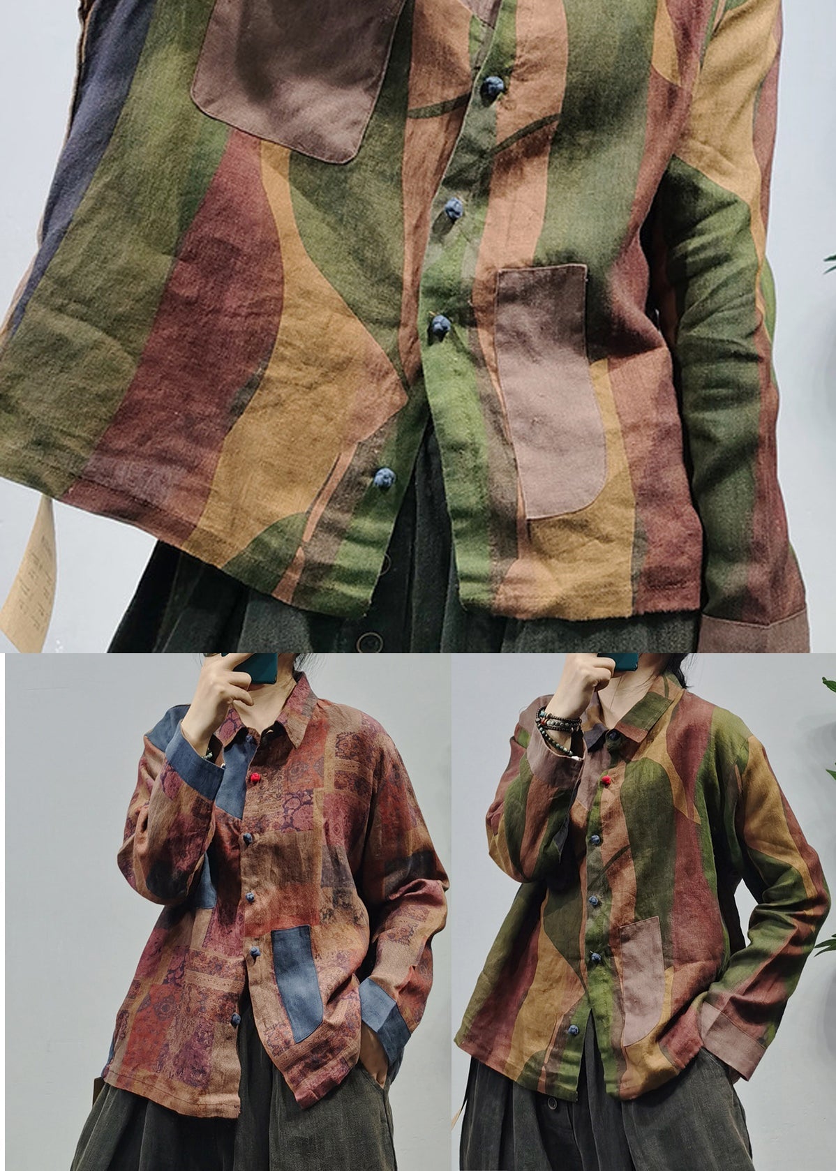 Chocolate Linen Shirt Top Button Peter Pan Collar Long Sleeve