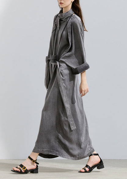Grey Turtle Neck Pockets Lace Up Denim Long Dresses Fall