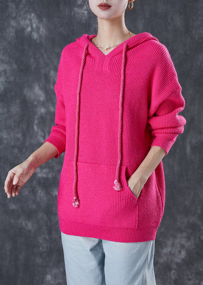Rose Hooded Drawstring Knit Sweatshirts Top Spring