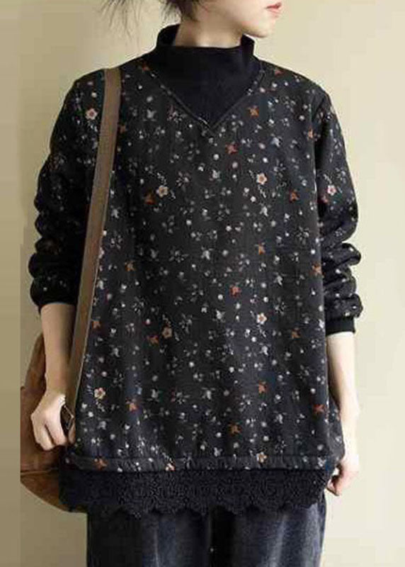 Coffee Turtleneck Print Lace Patchwork Fleece Sweatshirts Long Sleeve