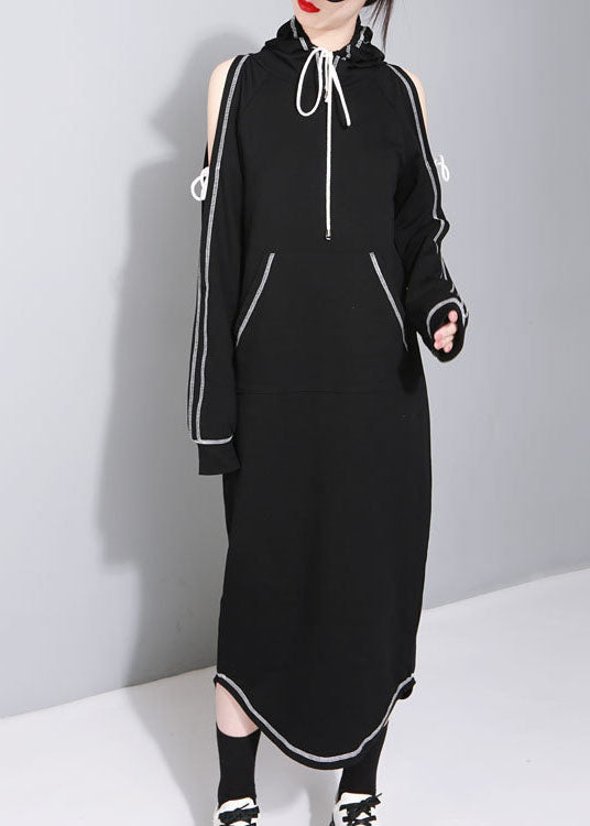 New Black Hooded Pockets Asymmetrical Design Fall Sweatshirts Dresses