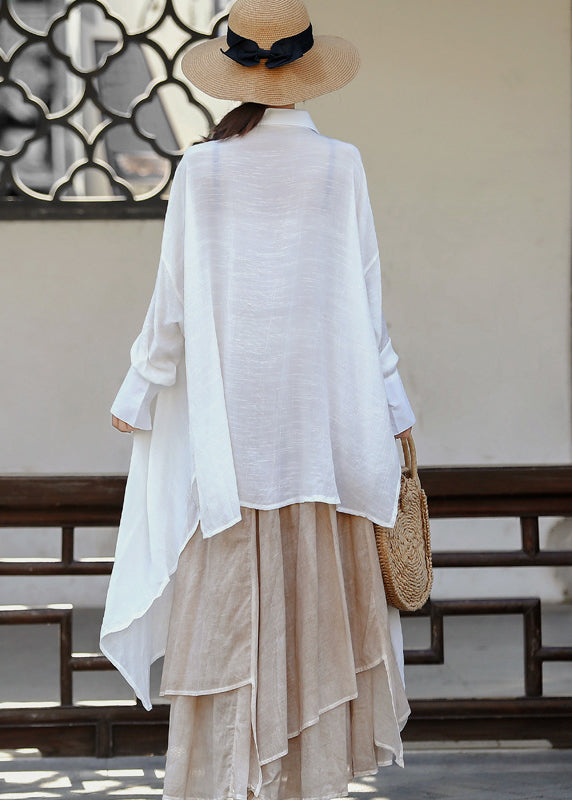 White Asymmetrical Design Peter Pan Collar Linen Long Shirt Long Sleeve