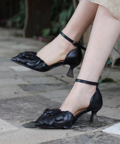 Boutique Black High Heel Cowhide Leather Sandals Buckle Strap