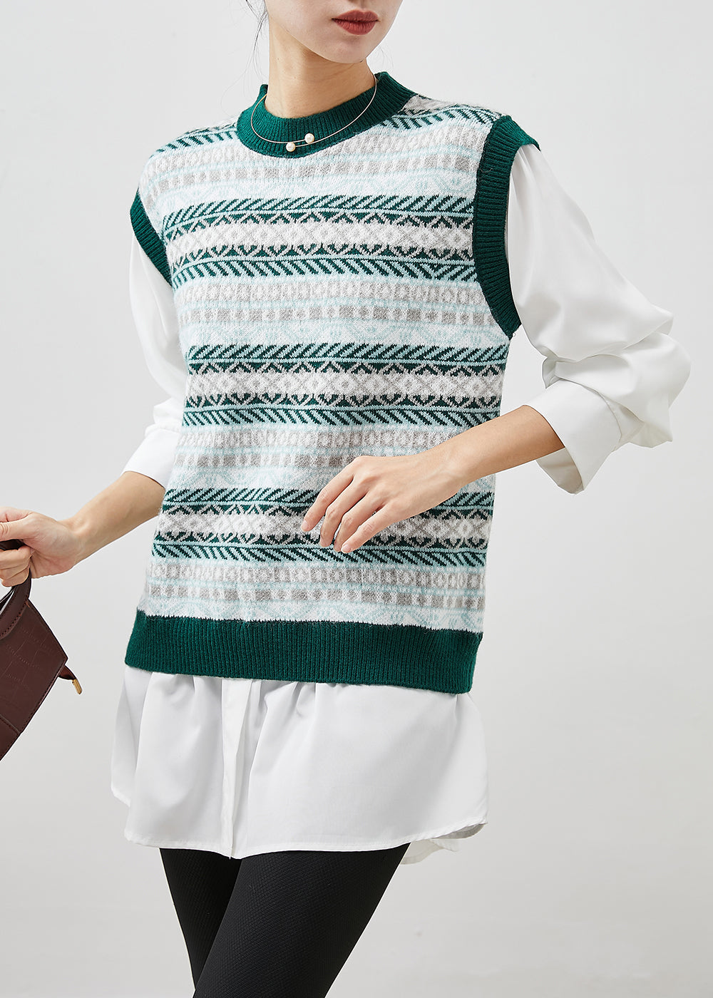 Print Patchwork Knit Fake Two Piece Blouses Spring
