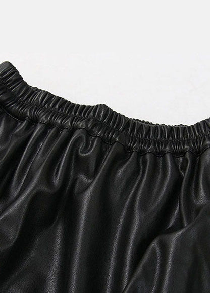 Black Elastic Waist Lace Patchwork Faux Leather Skirt Spring