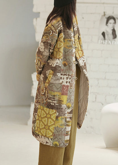 Coffee Yellow Pockets Print Chinese Button Fine Cotton Filled Coat Winter