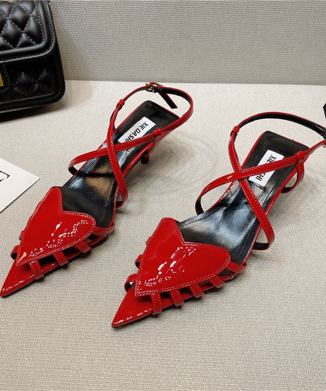 Splicing Heart Kitten Heels Sandals Red Faux Leather Pointed Toe