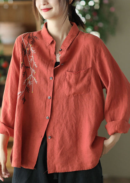 Black Peter Pan Collar Embroideried Linen Blouse Spring
