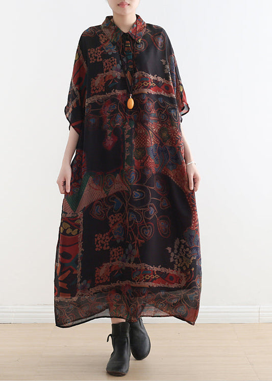 Black Orange Peter Pan Collar Draping Print Chiffon Dresses Batwing Sleeve