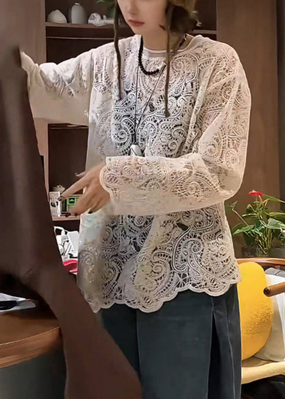 Beige Embroidered Hollow Out Lace T Shirt Spring
