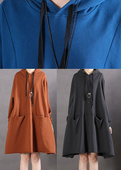 Blue Drawstring Cotton Loose Sweatshirts Dress Spring